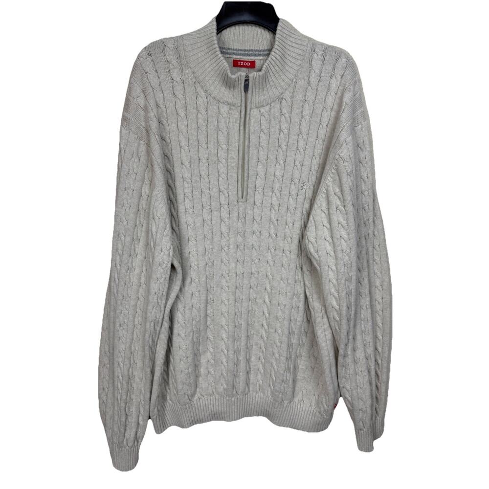 Men's Izod 1/4 Zip Cable Knit Sweater Sz 3XLT Tan Preppy Stretch 100% Cotton